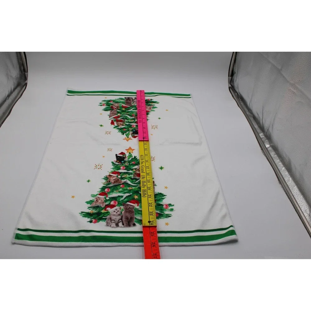 Unbranded Christmas Kitchen Towels White Green Cat Kitten Tree Holiday Set 2